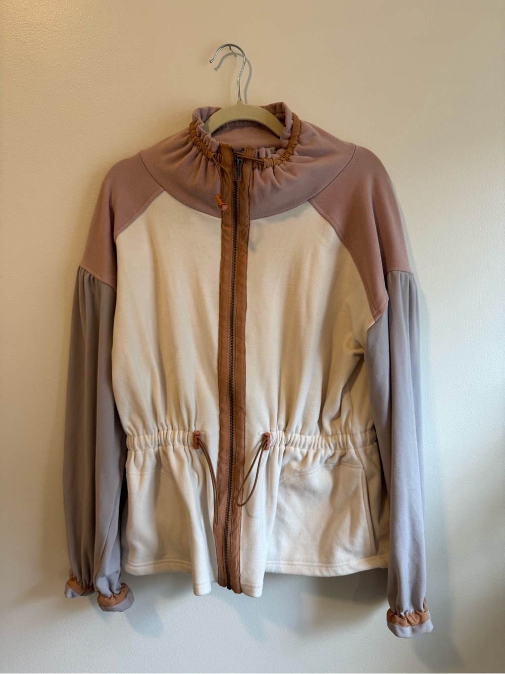 Mystree Cream, Dusty Rose & Light Gray Drawstring Zip Utility Jacket
